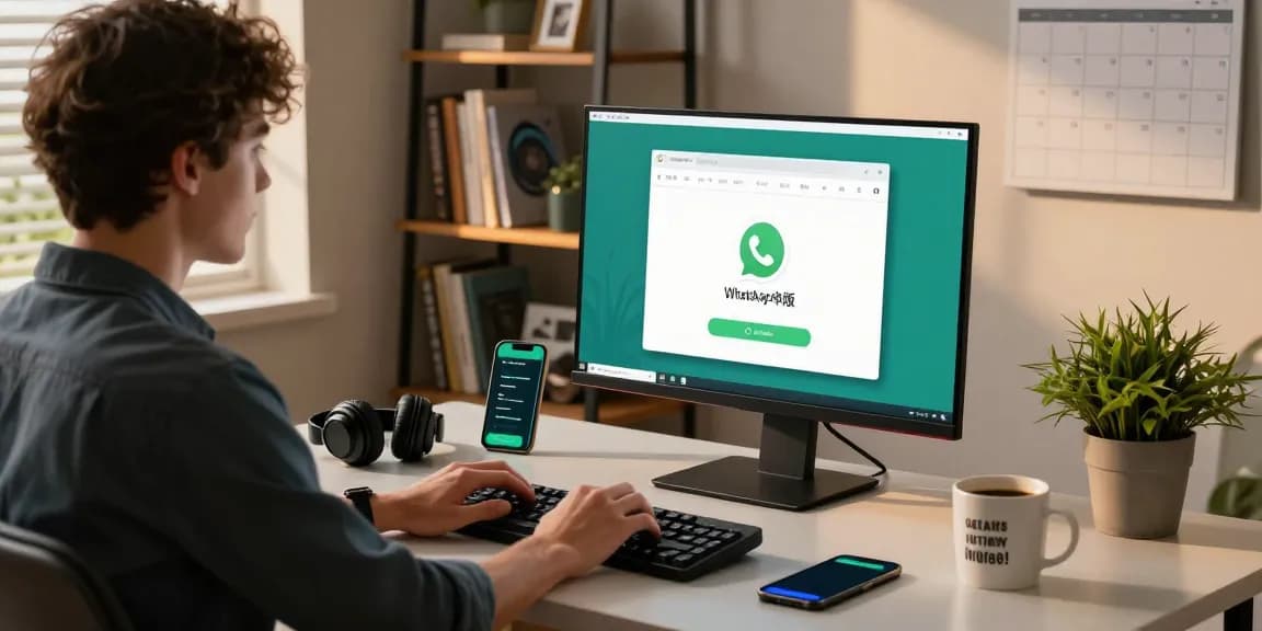 User engaging with the WhatsApp電腦版 app in a modern home office setup.