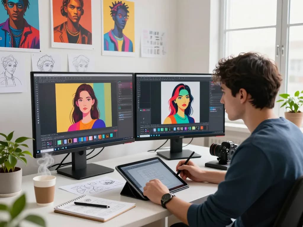 Digital artist using the nano banana AI image editor in a vibrant studio setting, surrounded by artwork and tools.