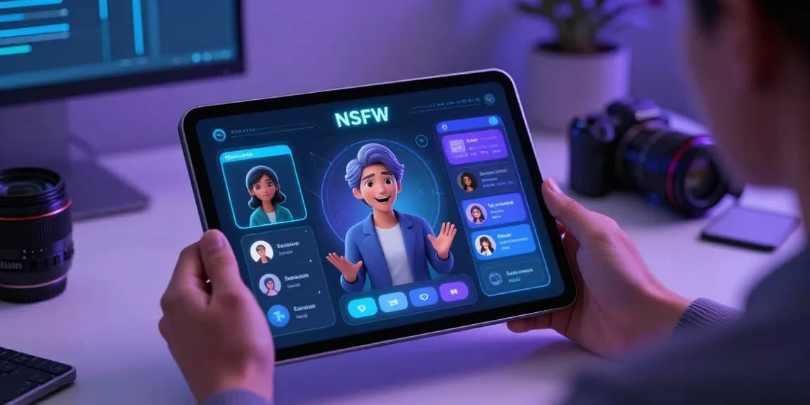 Engaging woman interacting with nsfw ai character on a futuristic tablet in a modern workspace.