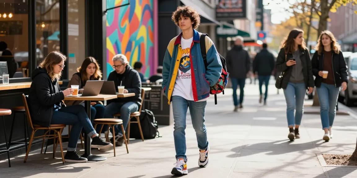 Stylish individual in vibrant streetwear walking in a busy city, showcasing rokok88 lifestyle fashion.