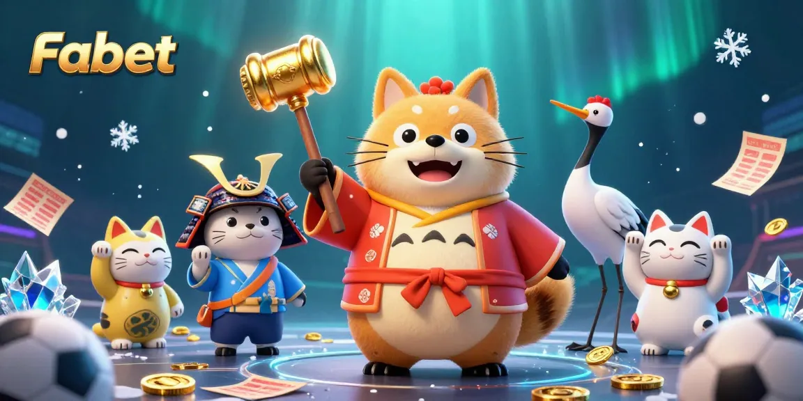 Engage in thrilling sports betting at Fabet with cheerful tanuki and samurai crane.