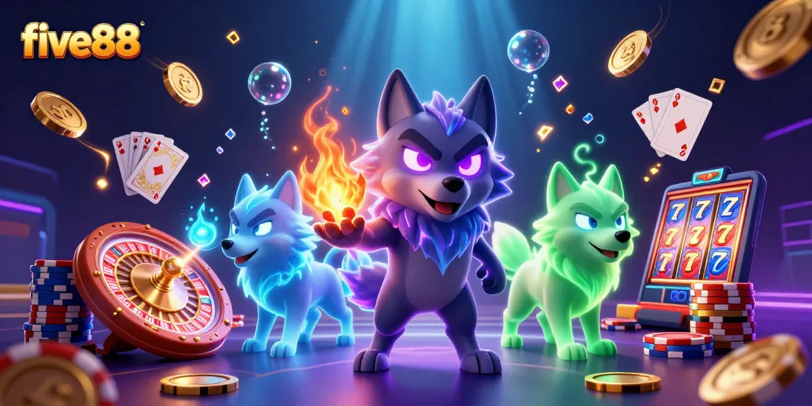 Win big with five88 in an exciting 3D casino scene full of colorful gaming elements.