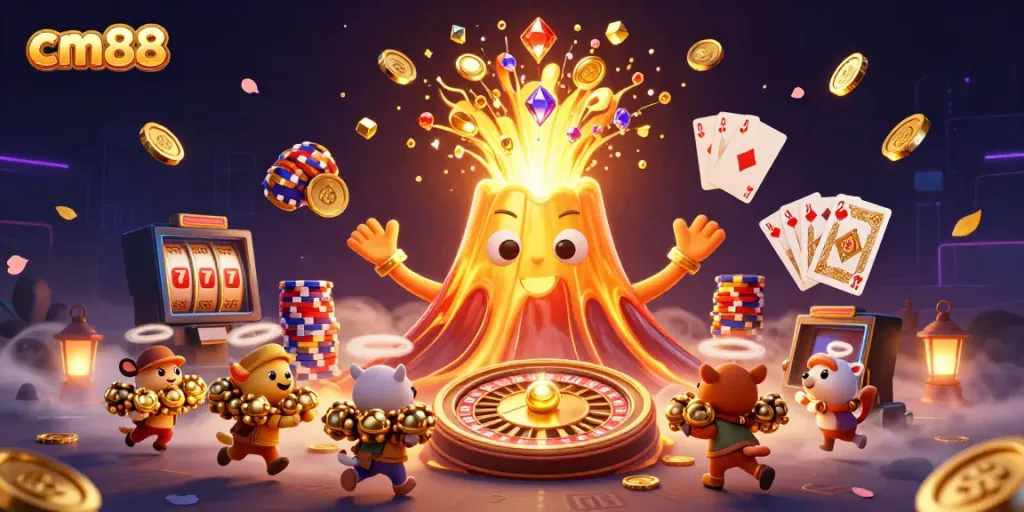 Experience thrilling wins at cm88 with a vibrant casino scene featuring a triumphant golden volcano and treasure.