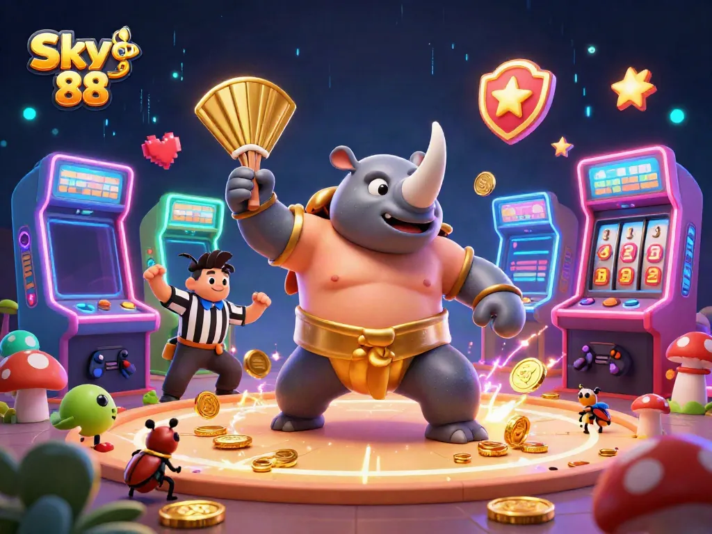 Experience the thrilling energy of Sky 88 with a dynamic casino illustration featuring a sumo champion beetle.