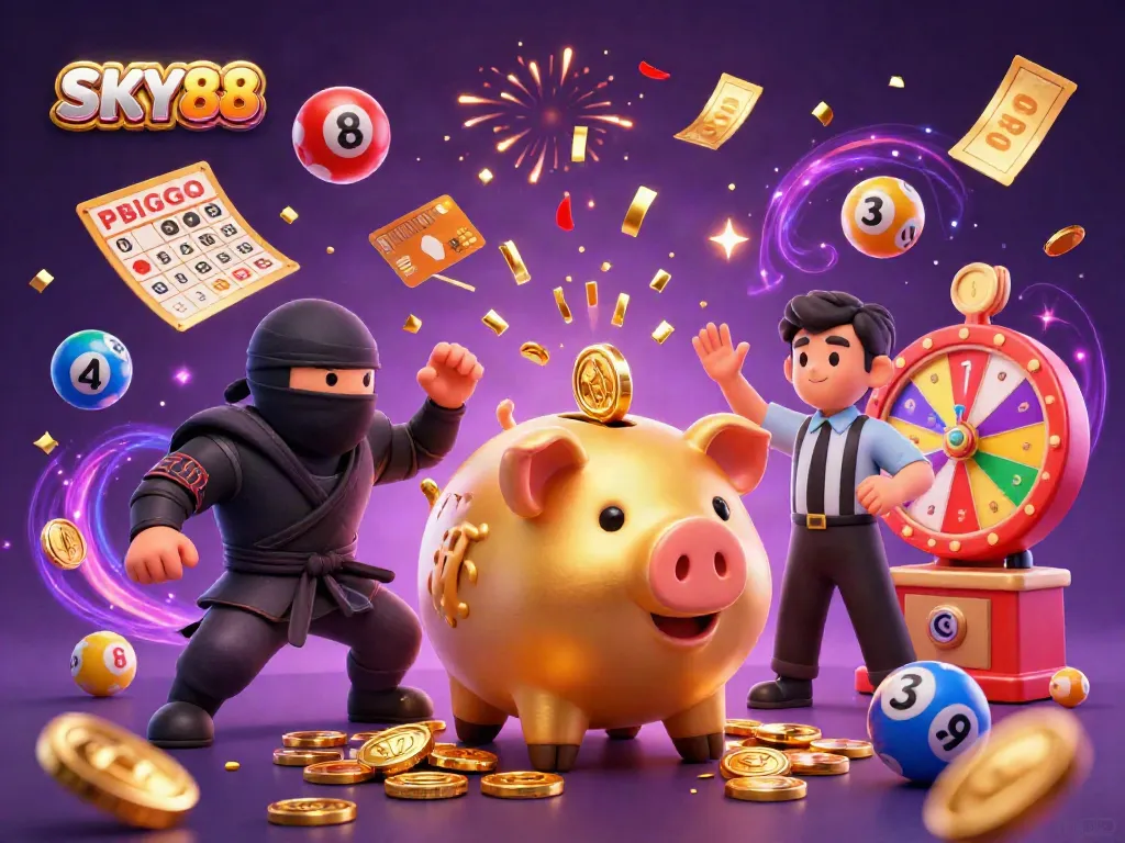 Engage in vibrant casino action with SKY88 featuring a dynamic scene of characters, gaming elements, and festive ambiance.