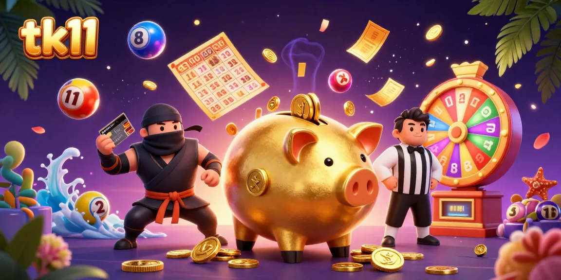 Engage with tk11's vibrant gaming scene, featuring a golden piggy bank wrestler amidst dynamic prize elements.