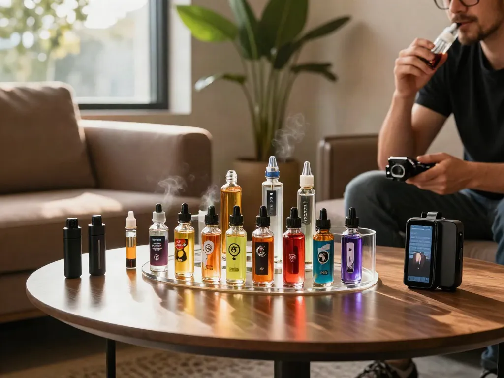 An inviting scene showcasing what is a shortfill e-liquid with a vape enthusiast exploring vibrant flavours in a stylish lounge.