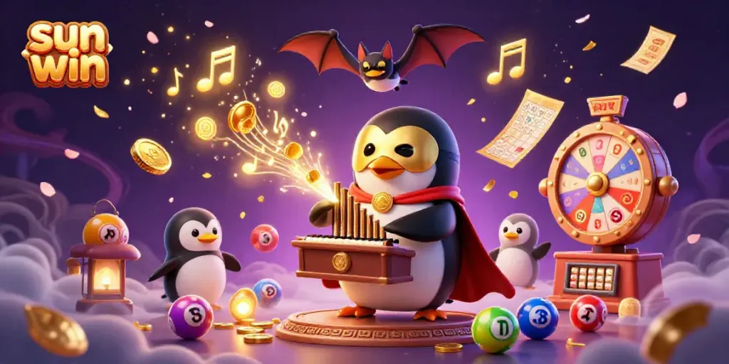 Experience thrilling gameplay with sun win as a golden organ-playing penguin creates a magical atmosphere.