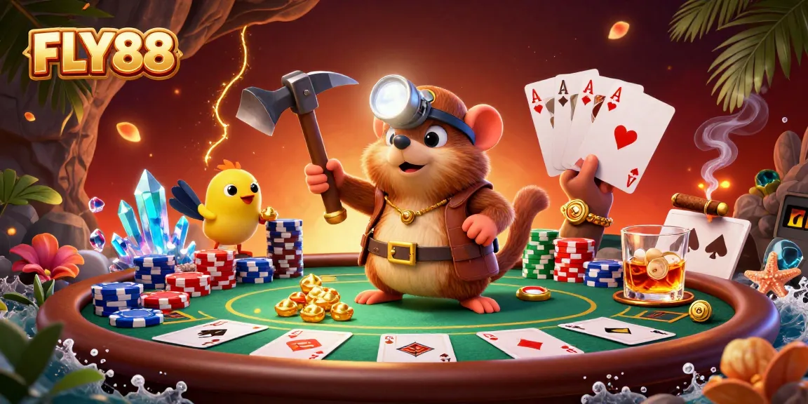 FLY88 captures the thrill of gambling with a treasure hunter mole at an exciting poker table.