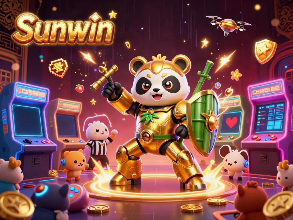 Immerse in the Sunwin casino experience, with lively characters like a golden panda, amidst vibrant game elements.