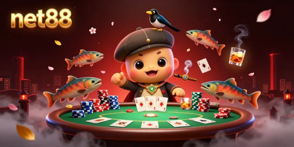 Experience the excitement of net88 with a vibrant 3D illustration of cartoon characters enjoying a poker game.