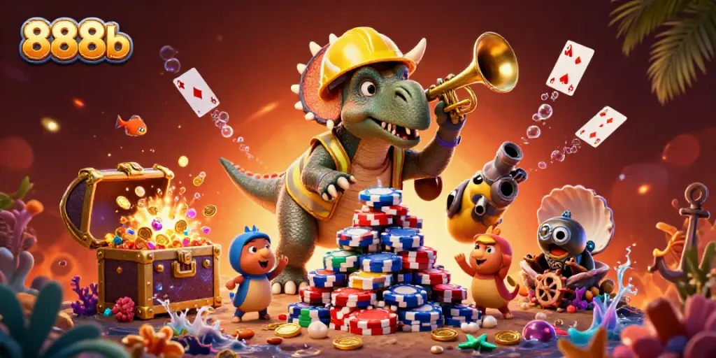 Engage in fun gaming at 888b with a festive scene showcasing vibrant characters and casino elements.
