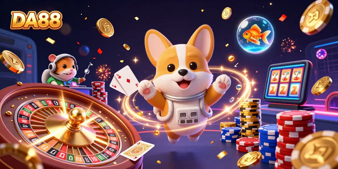 Win big with DA88 in a vibrant 3D casino scene featuring floating coins and playing cards.