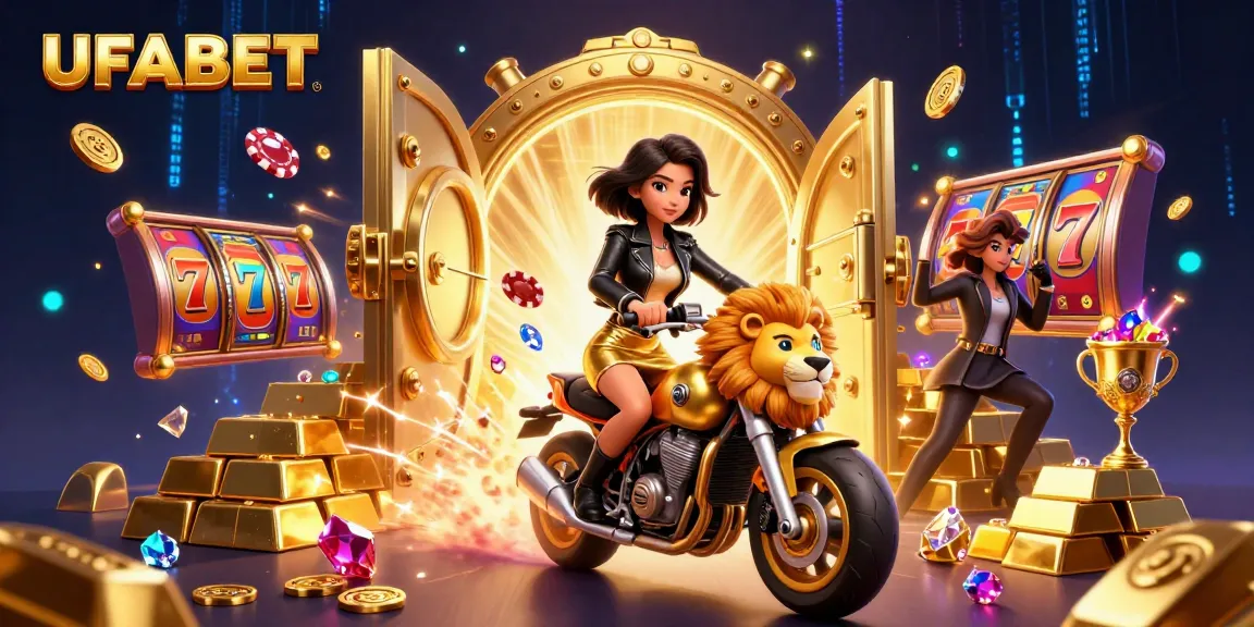Experience thrilling gameplay with UFABET’s vibrant casino featuring a glamorous character amidst a golden treasure backdrop.