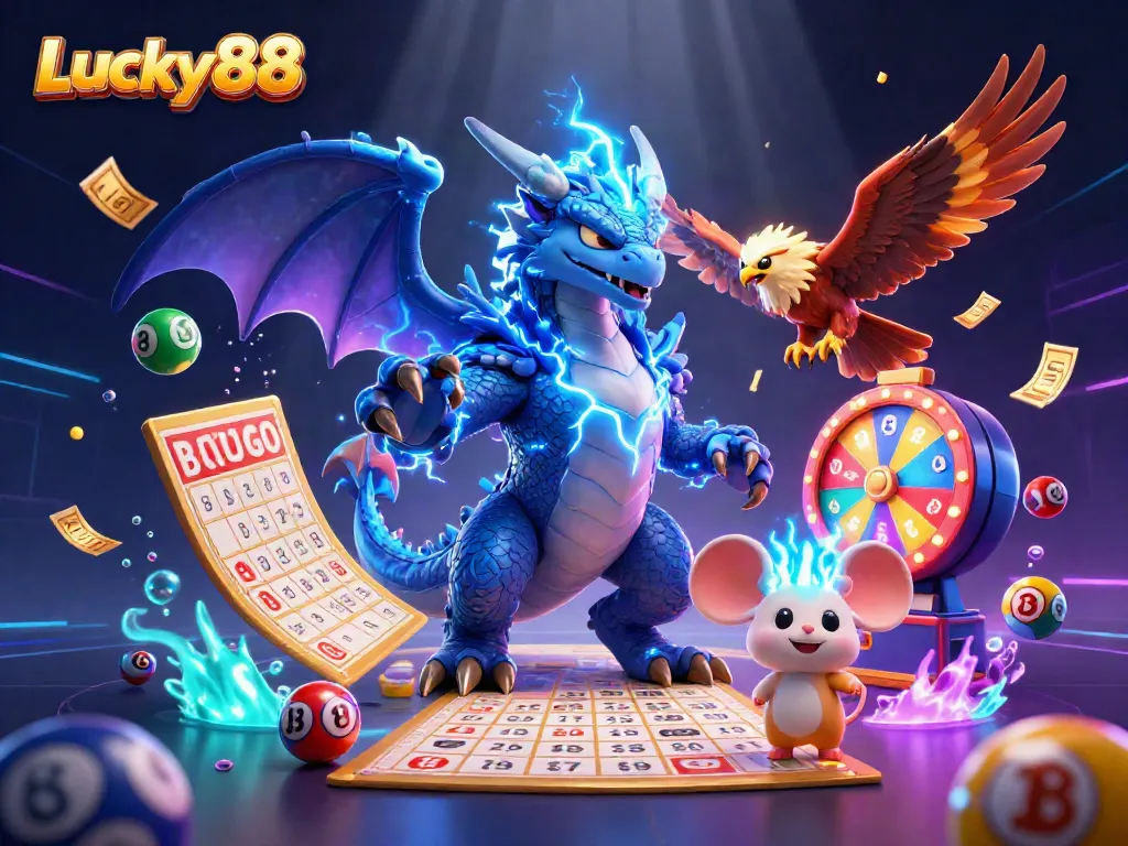 Experience the excitement of Lucky 88 with vibrant games and thrilling rewards in a colorful 3D scene.