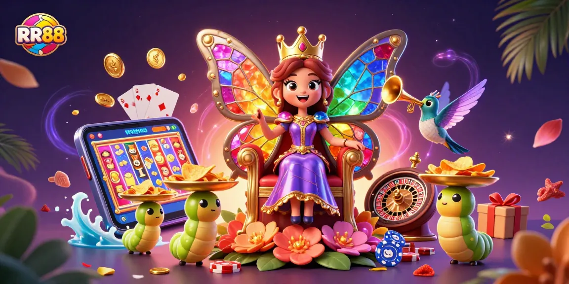 Experience excitement at RR88 Casino with a vibrant scene of a butterfly queen, chips, and colorful slot games.
