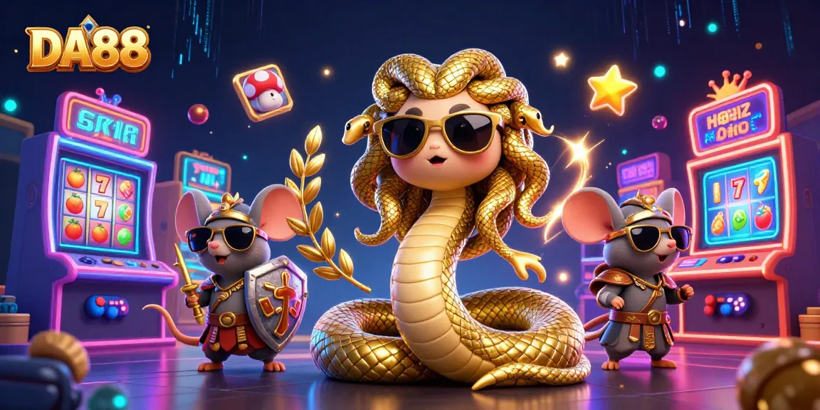 DA88 illustrates an exciting casino scene with Medusa and a mouse amidst colorful slot reels and gaming elements.