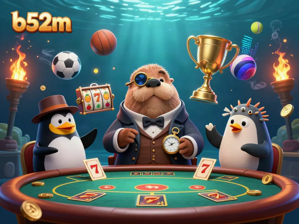 Experience the excitement of b52m at an underwater poker game featuring unique characters and vibrant elements.