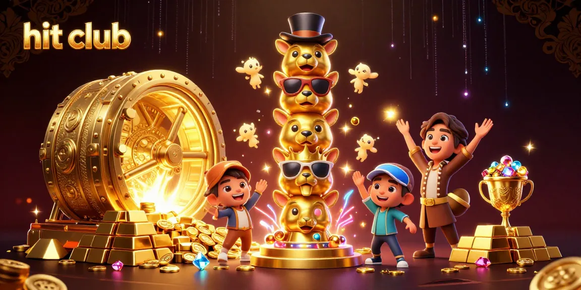 Experience thrilling wins at hit club with a vibrant casino-style illustration featuring rich gold and jewel elements.