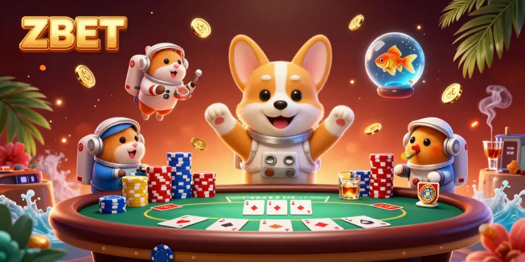 ZBET offers an engaging casino experience with an astronaut corgi in a space-themed illustration.