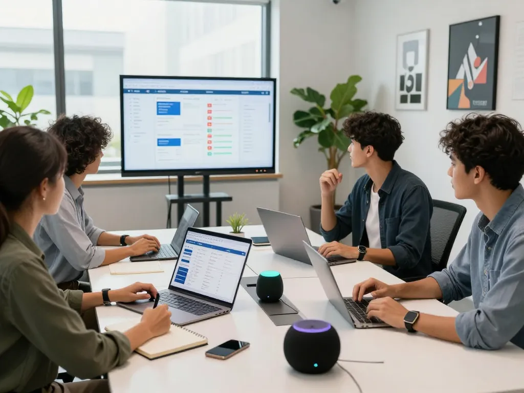Collaborative workspace showcasing effective tech gadgets for productivity, including smart devices and collaborative tools.