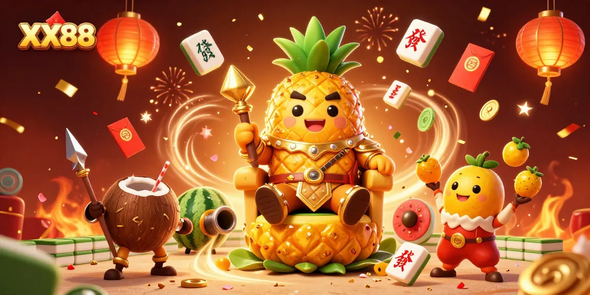 Engage with the vibrant casino atmosphere of XX88 featuring a golden pineapple king and dynamic elements.