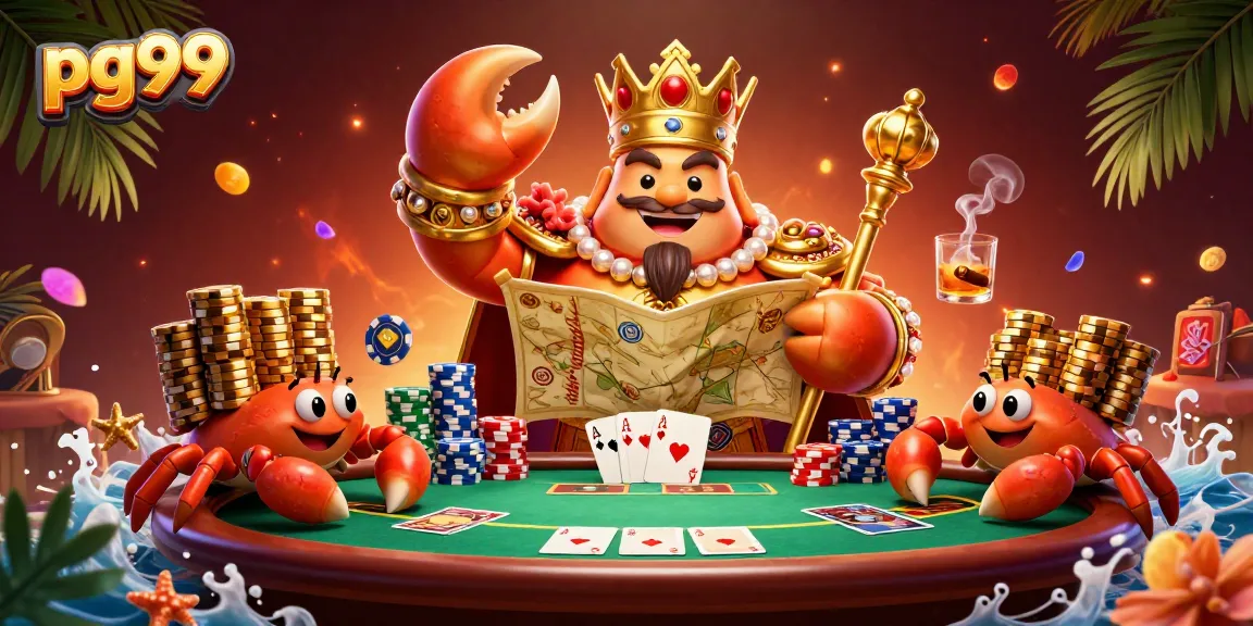 Experience exciting gameplay at pg99 with our cartoon crab emperor and vibrant poker scene.
