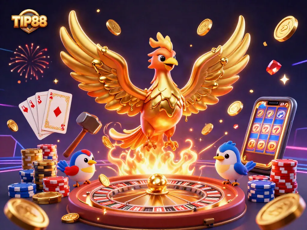 Experience the excitement of TIP88 with vibrant casino elements in a dynamic 3D illustration.