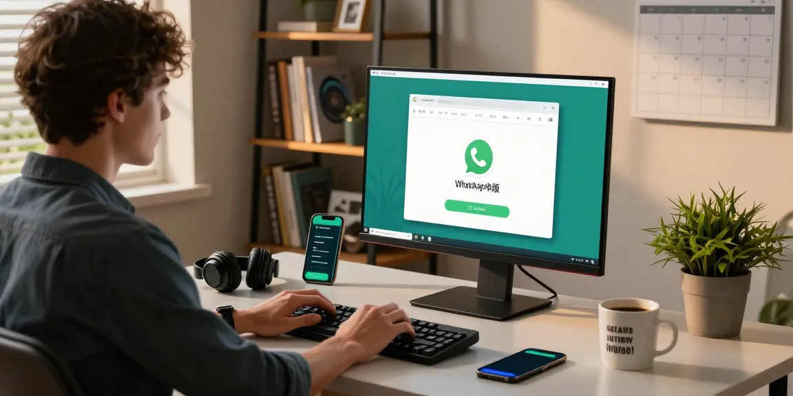User engaging with the WhatsApp電腦版 app in a modern home office setup.