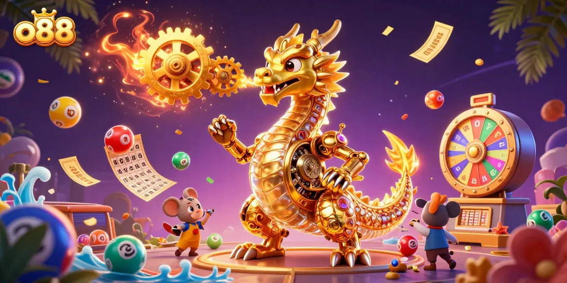 Experience thrilling gameplay at o88 with vibrant lottery balls and a golden dragon in this dynamic casino scene.