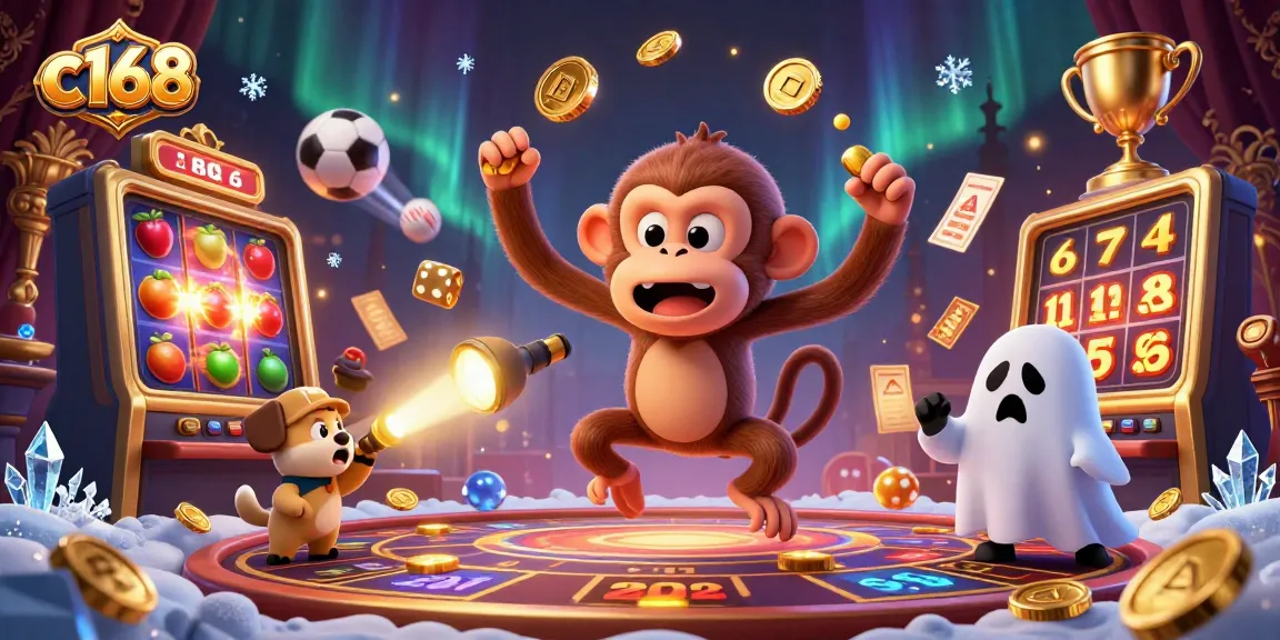 Experience exhilarating gameplay at c168 with captivating 3D imagery of a casino scene featuring lively characters and vibrant games.