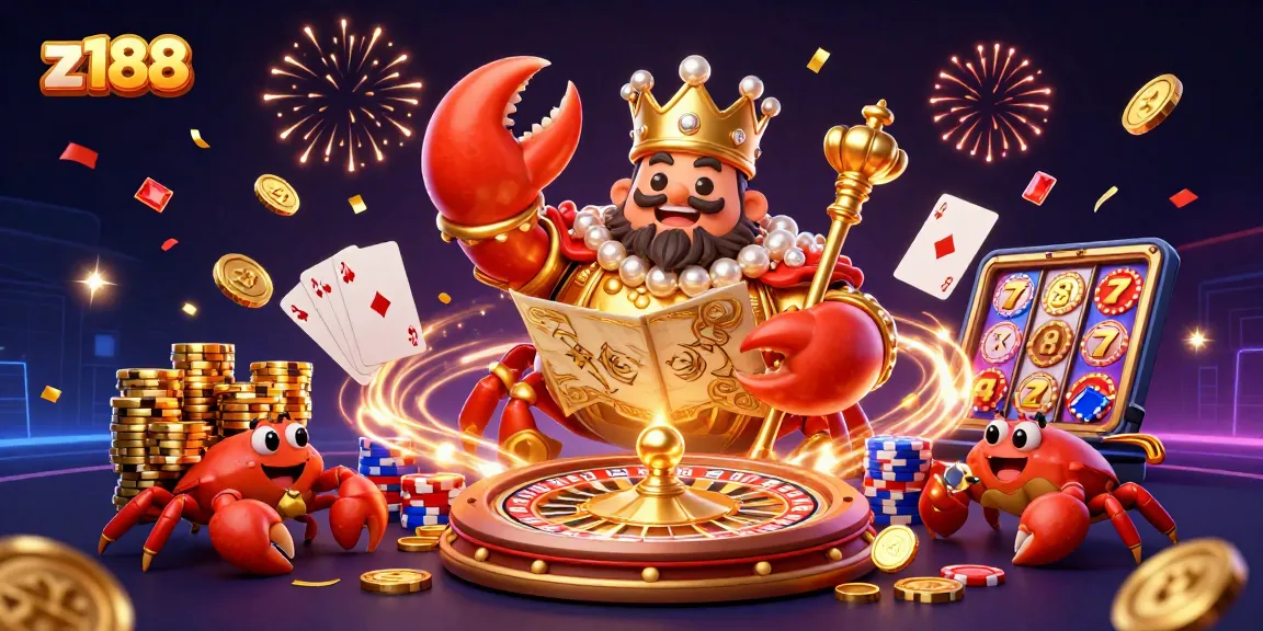 Experience the excitement at z188 with a golden crab emperor amidst vibrant casino games.