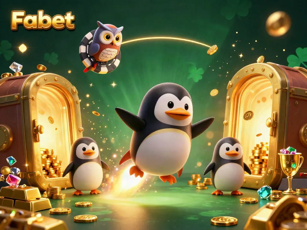 Experience the thrilling Fabet casino adventure with a golden penguin soaring to riches.