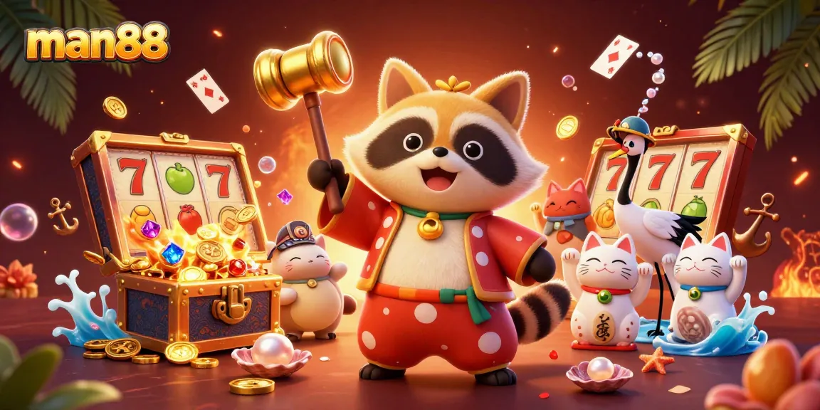 Experience exciting wins at man88 with cheerful tanuki, lucky symbols, and vibrant gaming elements.