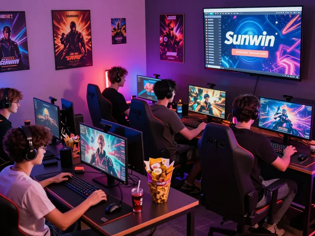 Engaging Sun Win gaming environment with diverse players enjoying immersive games, vibrant colors, and exciting atmosphere.