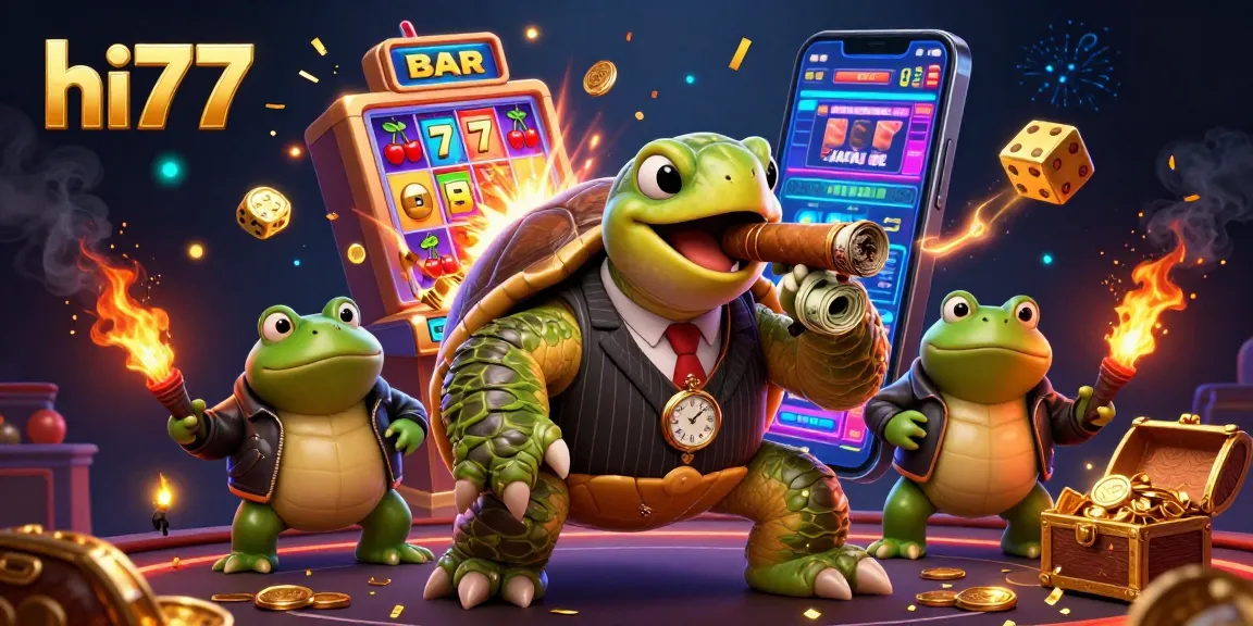 Experience gambling excitement with hi77, featuring a vibrant casino scene with a snapping turtle gangster and jackpot elements.