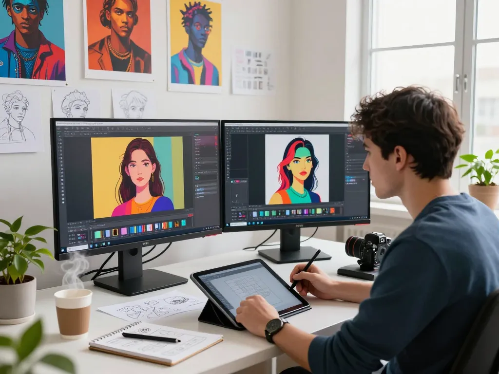 Digital artist using the nano banana AI image editor in a vibrant studio setting, surrounded by artwork and tools.