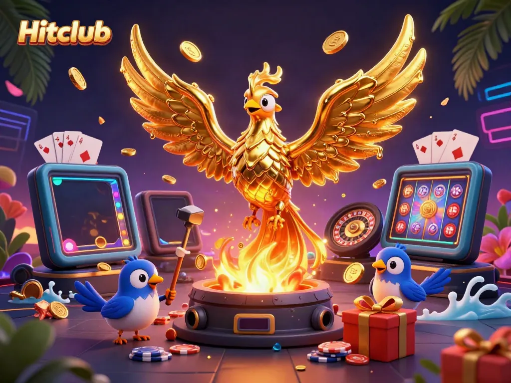 Hitclub features a golden phoenix representing riches, with gaming elements and coins bursting forth.