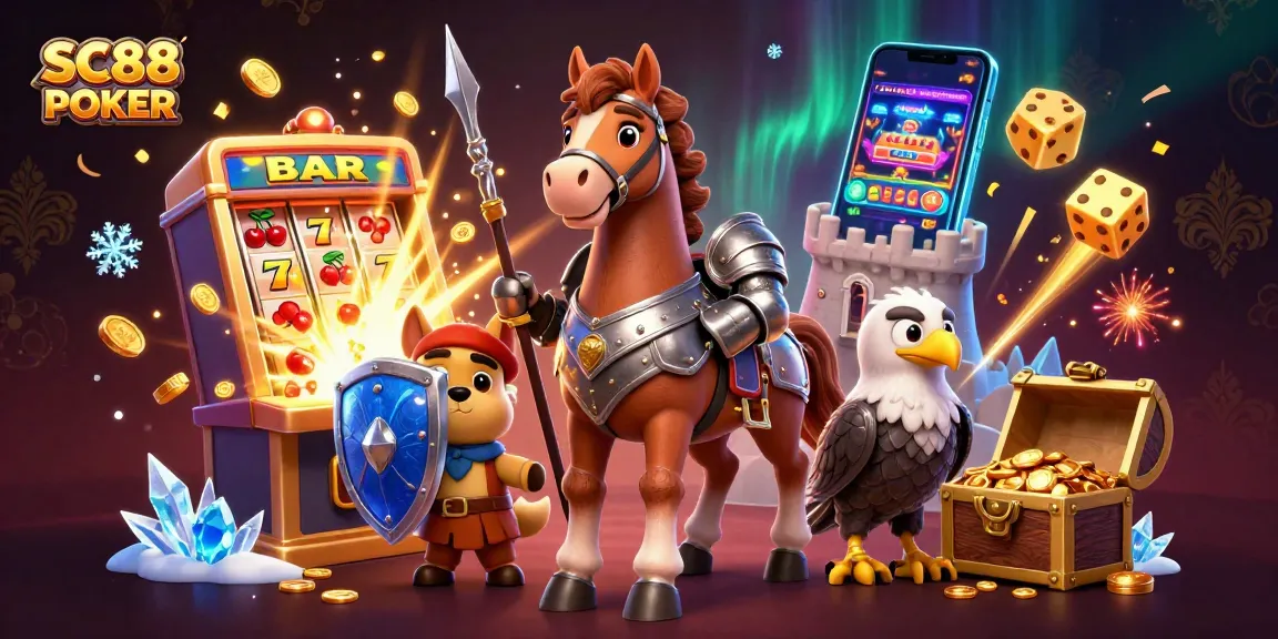 Spin for jackpots at SC88 POKER with vibrant 3D casino characters and exploding slot machines.