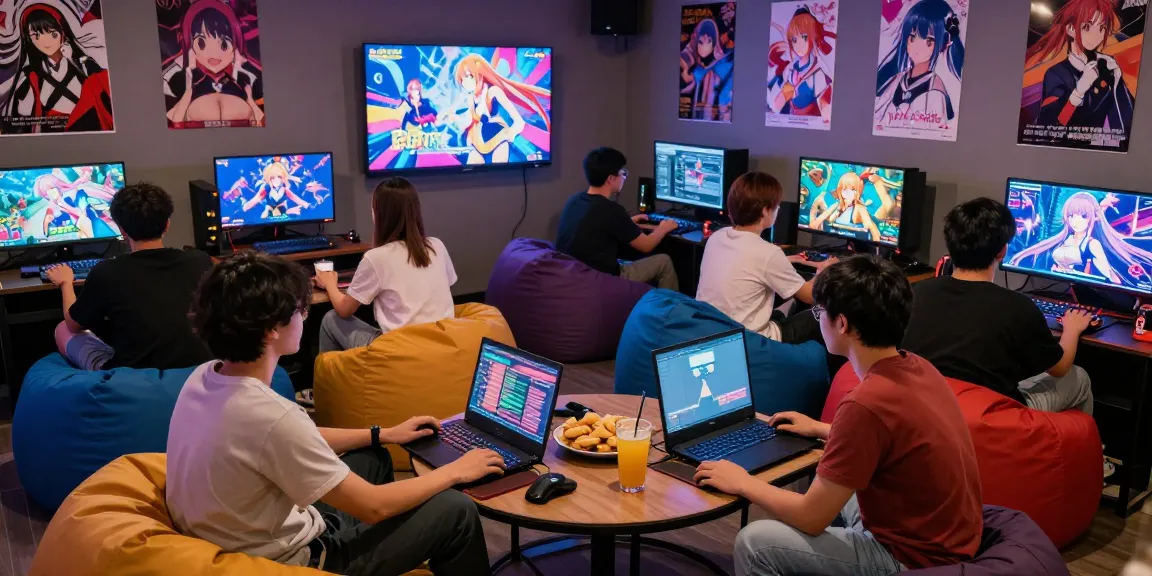 Gamers enjoying a vibrant social scene while playing a hentai game, surrounded by colorful art and cozy ambiance.