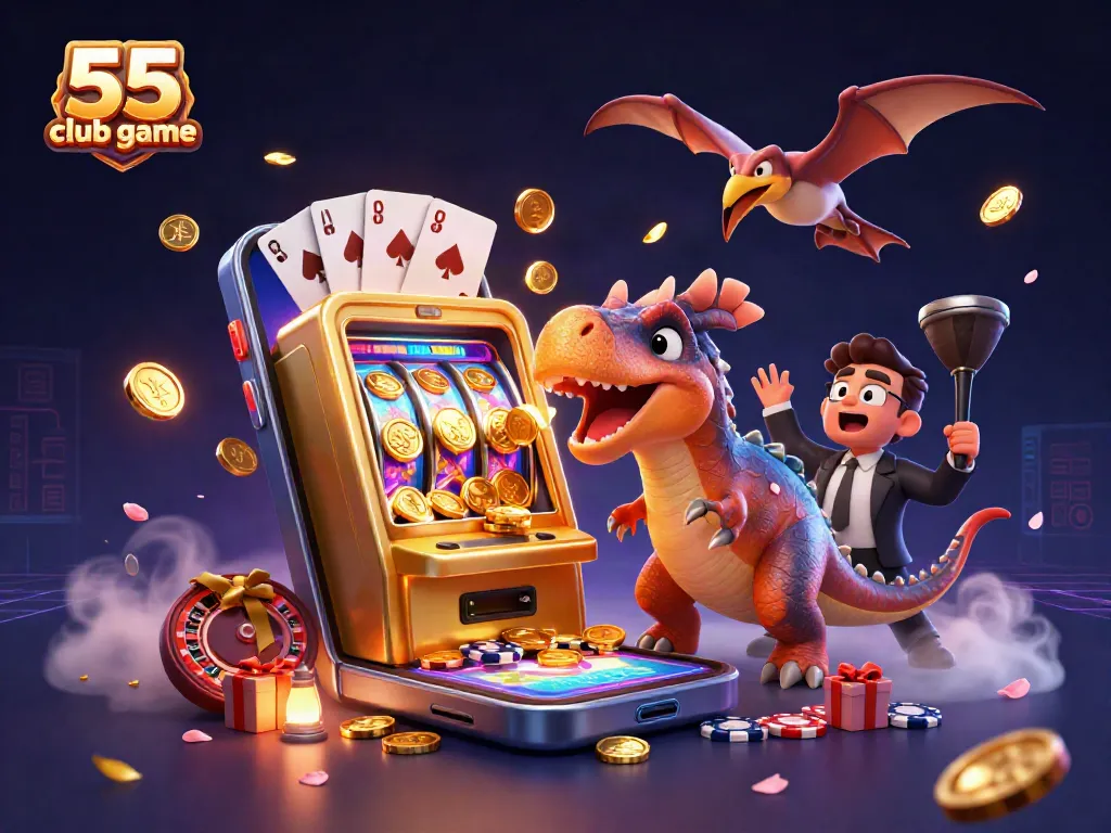 Experience the thrill of the 55 club game as a pachycephalosaurus activates a jackpot machine amidst a vibrant casino scene.