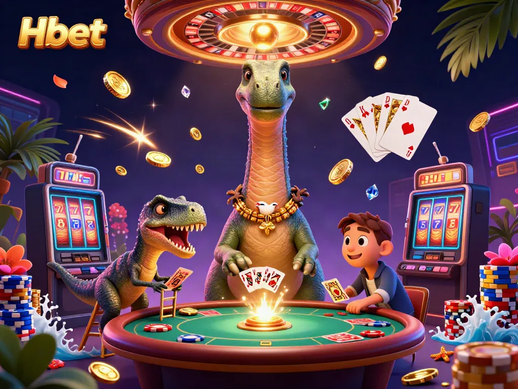Experience thrill at Hbet with dinosaurlike fun featuring a raptor dealing cards at a casino table.