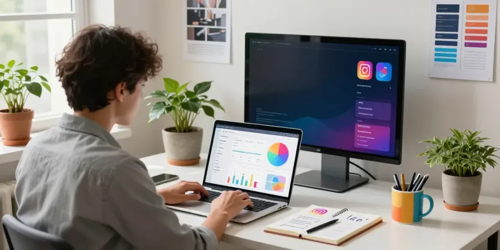 Analyzing Instagram followers growth data in a cozy digital marketing workspace