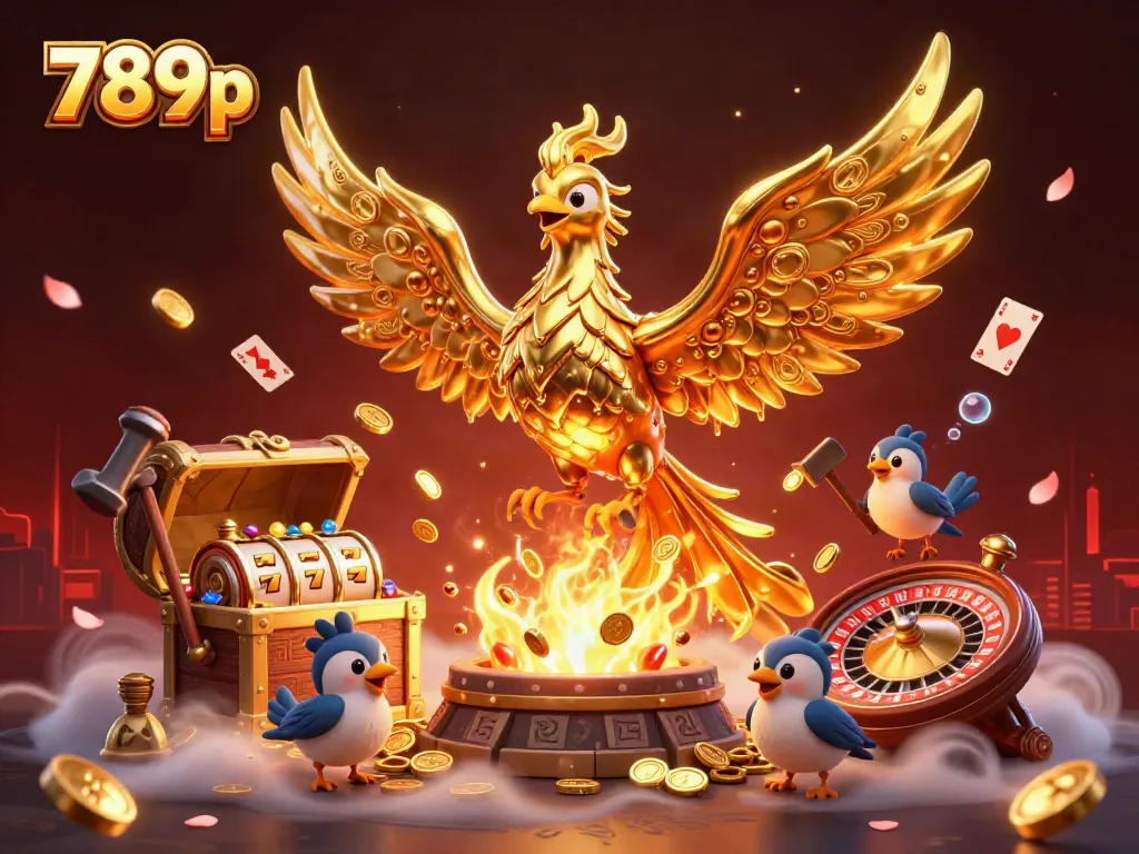 Experience the thrill of 789p with a dramatic casino scene featuring a molten gold phoenix and energetic gambling elements.