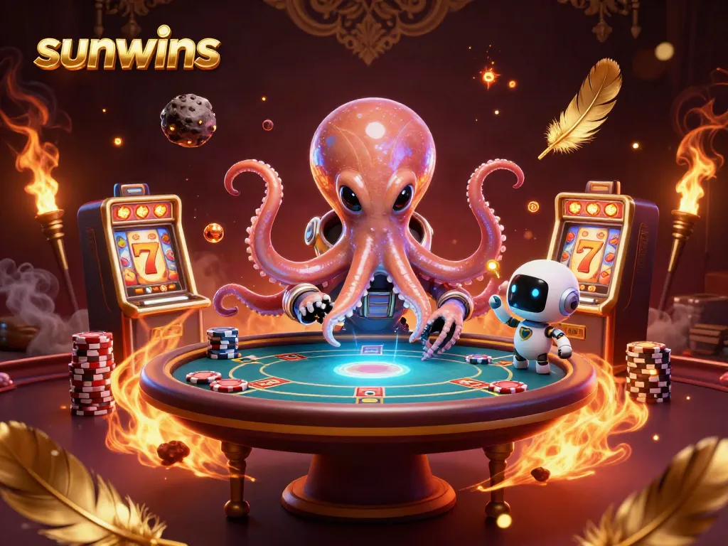 Experience thrilling gameplay with sunwins in a vibrant 3D scene featuring an alien octopus and poker elements.