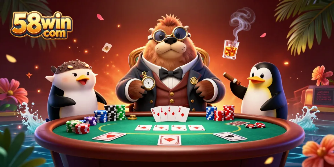 Experience poker at 58win com with a jolly walrus, sophisticated penguin dealer, and a bluffing pufferfish.