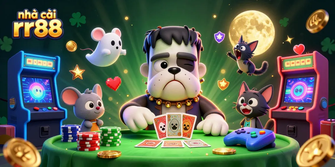 Play at nhà cái rr88 with exciting cards dealt by a Frankenstein bulldog at a spooky casino table.