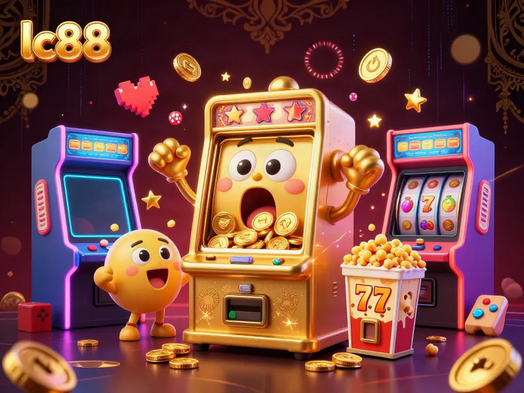 lc88 slot machine character celebrating a jackpot surrounded by colorful games, coins, and rich casino elements
