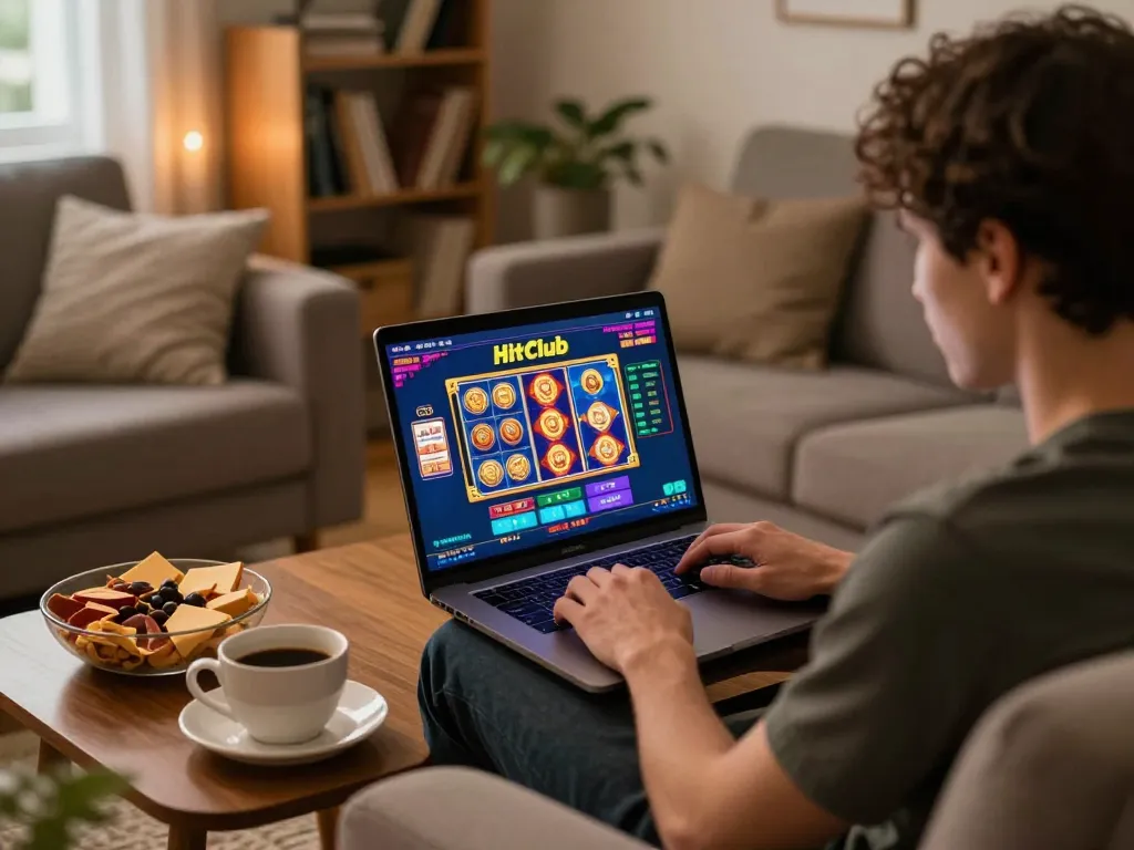 Player enjoying Hitclub online gaming experience on a cozy sofa, laptop displaying vibrant casino games.