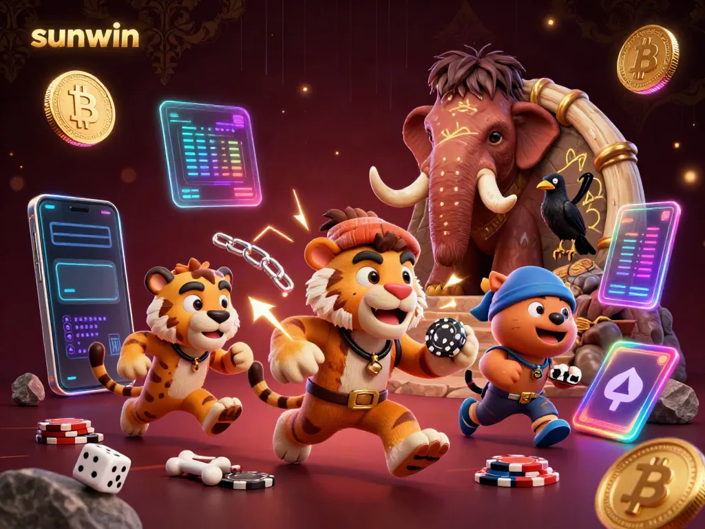 Experience sunwin's exciting prehistoric casino with vibrant characters and glowing cryptocurrency elements.